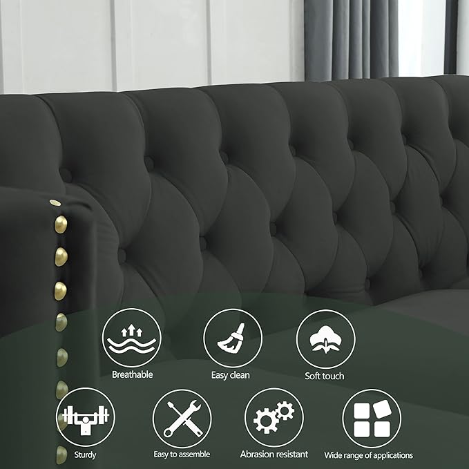 KEIKI Tufted Velvet 3+3 Seat Sofa Couch for Living Room Buttons Tufted Square Arm Couch for Home Apartment Black