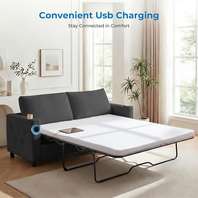 Mjkone 80 Queen Size Pull Out Sofa Bed Velvet 2-in-1 Convertible Sleeper Sofa Bed with Memory Foam Mattress Cup Holder USB Charging PortsGuest Couch Bed for Living Room Small Spaces - Grey