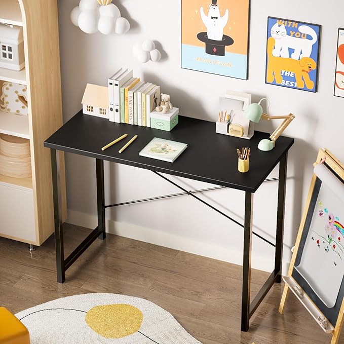 Sweetcrispy Small Computer Desk55 Inch Office Writing Work Desk with Metal Frame Wooden Tabletop Student Study Home Bedroom Table with X-Shaped Reinforcement Black