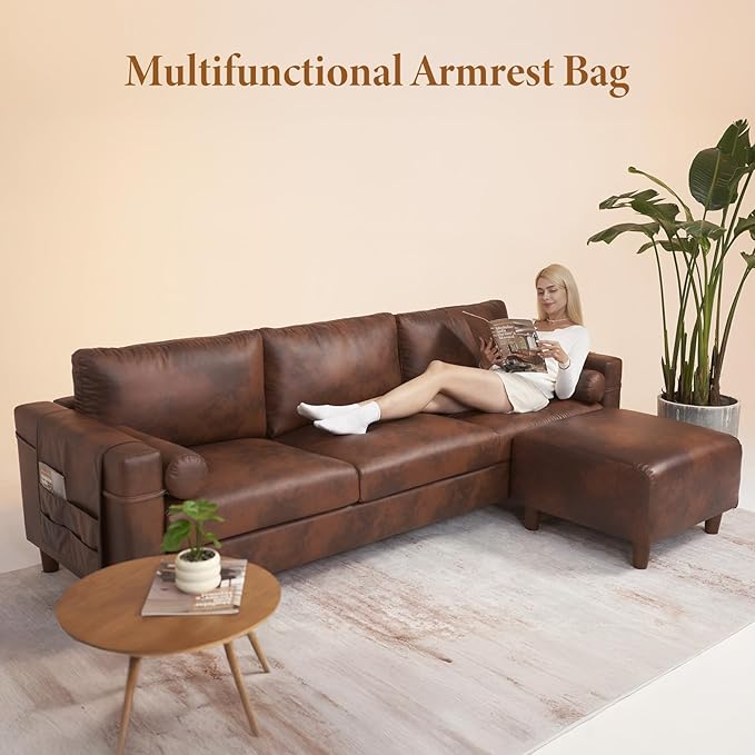 Vesgantti 100 L Shaped Faux Leather Couch with Movable Ottoman 3 Seater PU Leather Sectional Sofa with Side Pocket Mid Century Modern Modular Couch for Living Room Bedroom Chocolate
