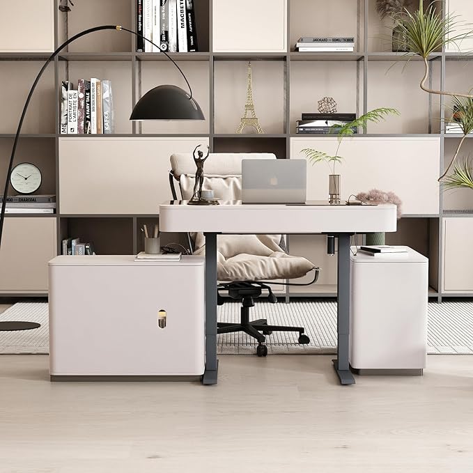 Lartis Office Desk Electric Standing Desk with Built-in Outlets Tempered Glass Top Modern Office Computer Desk with 2 Side cabinets (Ivory White 50)