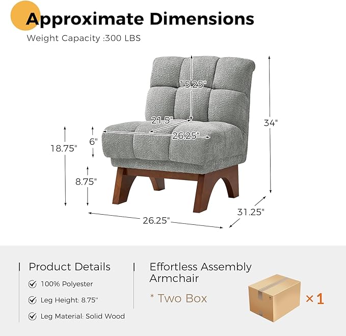 HULALA HOME Modern Chenille Fabric Armchair with Wood Legs Comfy Upholstered Reading Accent Chairs for Living Room(Grey)