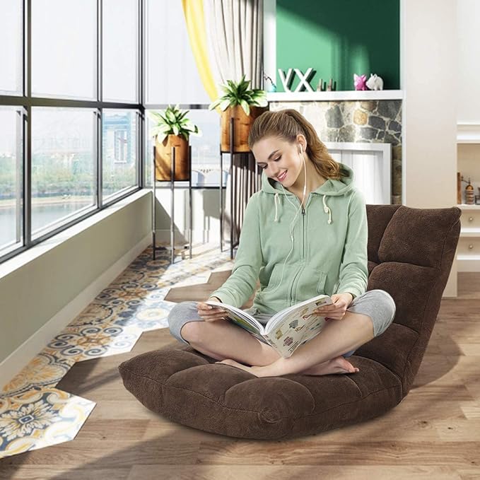 S AFSTAR Cushioned Floor Chair 14-Position Adjustable Padded Lazy Recliner with Comfortable Back Support and Skin-Friendly Cover Great for Reading Playing Game Meditating (Dark Coffee)