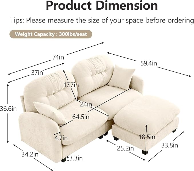 74 L Shaped CouchModular Sectional Sofa 2-Seater Comfy Cloud Couch with Movable Ottoman Chenille Deep Seat for Living Room Office (Beige)