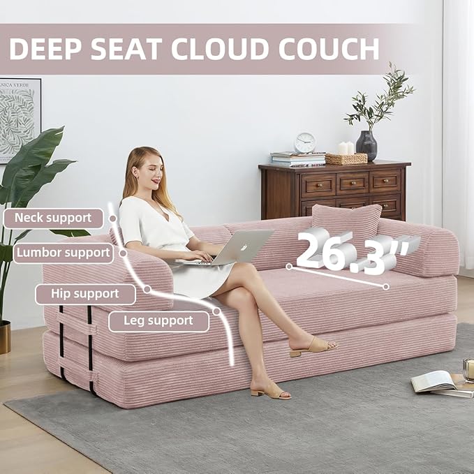 Convertible Folding Sofa BedFold Out Floor Sofa Couch with Fixed-Shape FrameCorduroy Foldable Mattress Cloud Couch for Living Room Bedroom (Pink 78 Inch)