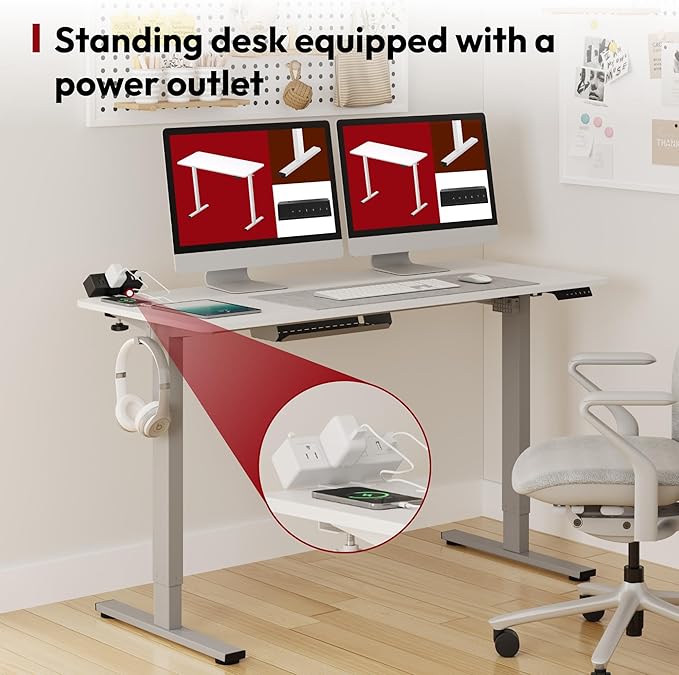 SANODESK Electric Standing Desk with Desk Clamp Power Strip 60x 24 Whole-Piece Desktop Height Adjustable Stand Up Desk with Cable Management Sit Stand Home Office Desk Silver Frame/White Top