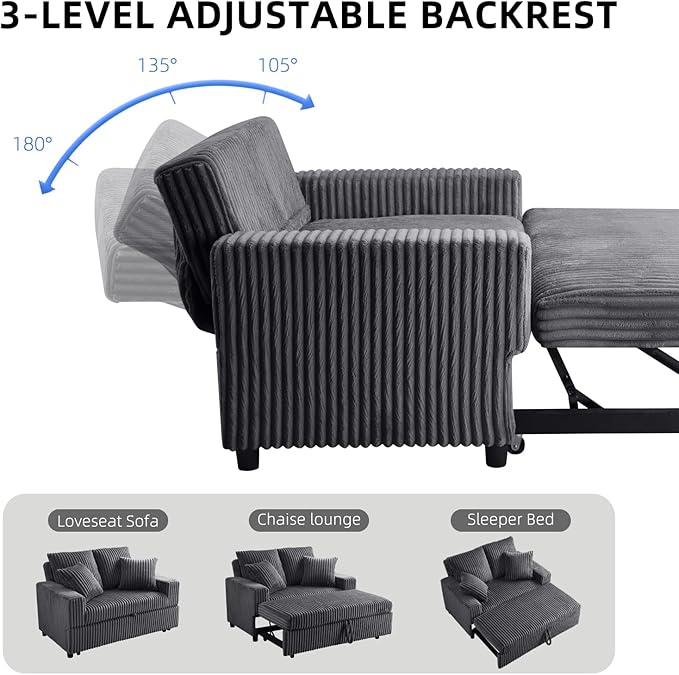 3 in 1 Convertible Sofa Bed52.8 Pull Out Couch with 2 Pillows and Side PocketsModern Corduroy Fabric Sleeper Loveseat with Adjustable Backrest for Living Room Bedroom Apartment (Gray Corduroy)