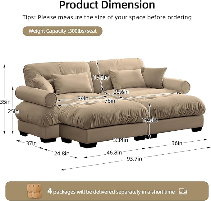 Loveseat Sofa 93.7 Modular Sectional Sofa 2 Seater Modern Cloud Couch with Ottoman Oversized Sectional Couches for Living Room Comfy Velvet Sofas Deep Seat Couch with 4 Pillows Camel