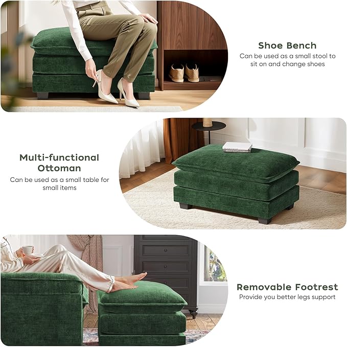 CDCASA Oversized Accent Chair with Ottoman Chenille Comfy Cloud Sofa Chair with Large Seat and Upholstered Armrests Modern Extra Wide Armchair Reading Chairs for Bedroom Living RoomSet of 2Green