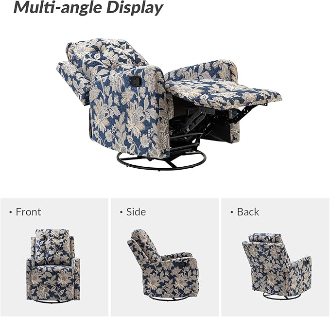 HULALA Home Recliner Chair Modern Printed Fabric for Living Room Wingback Rocker Recliner Sofa Comfy Armchair 360 Degree Swivel Nursery Rocking Chairs with Adjustable Backrest &amp Footrest/Navy