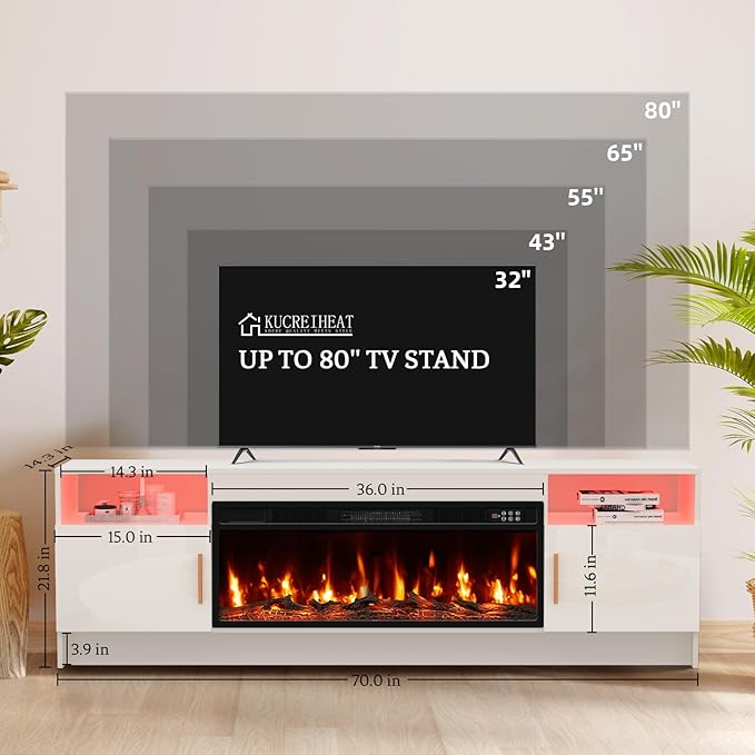 70'' TV Stand with Fireplace Realistic 3D Log Flame White Entertainment Center for 80 inch TV- TV Cabinet with LED Light High Glossy Door Modern TV Console for Living Room