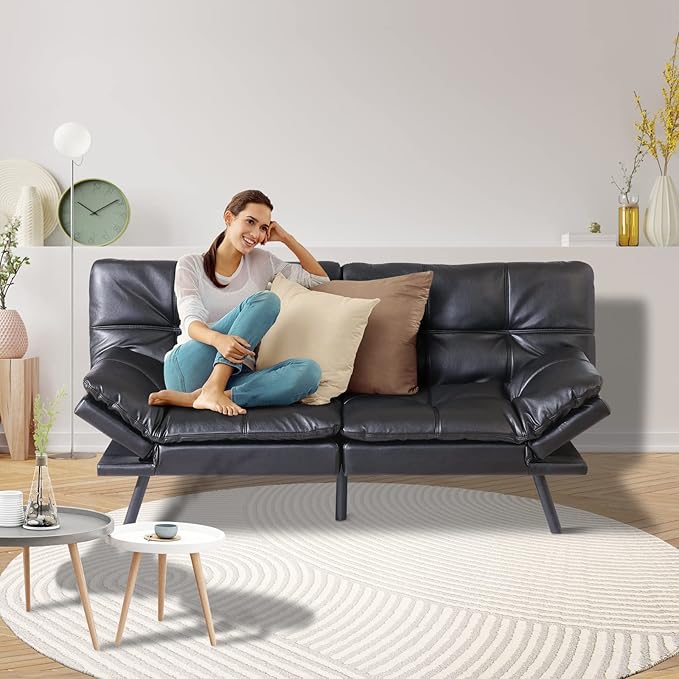 Black Faux Leather Futon Convertible Couch Bed Folding Memory Foam Sleeper Loveseat Adjustable Lounge Futon Sets Sofabed for Living RoomApartmentDormOffice