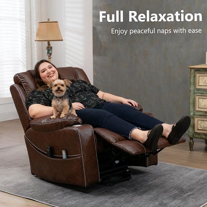 Oversized Power Lift Recliner Chair for Big and Tall 400 LBS Dual Motor Electric Recliner with Heat &amp Massage Zero Gravity Leather Sofa Chair for Living Room Home Theater Brown