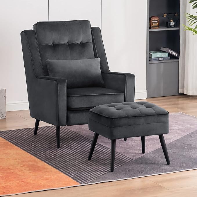 MCombo Velvet Accent Chair with Ottoman Modern Armchair for Small Space Living Room Office Reception Fabric 4278 (Dark Grey)