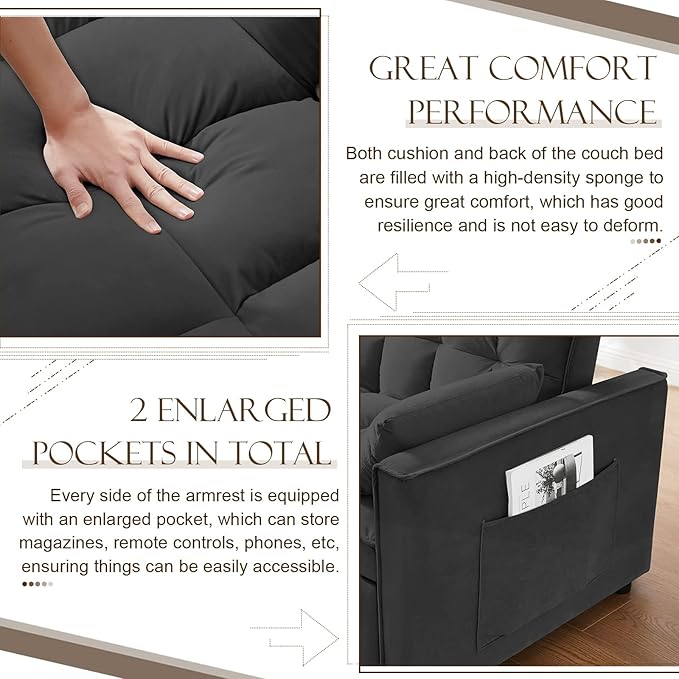 Velvet Pull Out Sleeper Sofa Bed Convertible Futon Couch Bed with Adjustable Backrests 3 in 1 Modern Loveseat with 2 Pockets and Pillows Small Love Seat for Living Room Guest Room Office Black