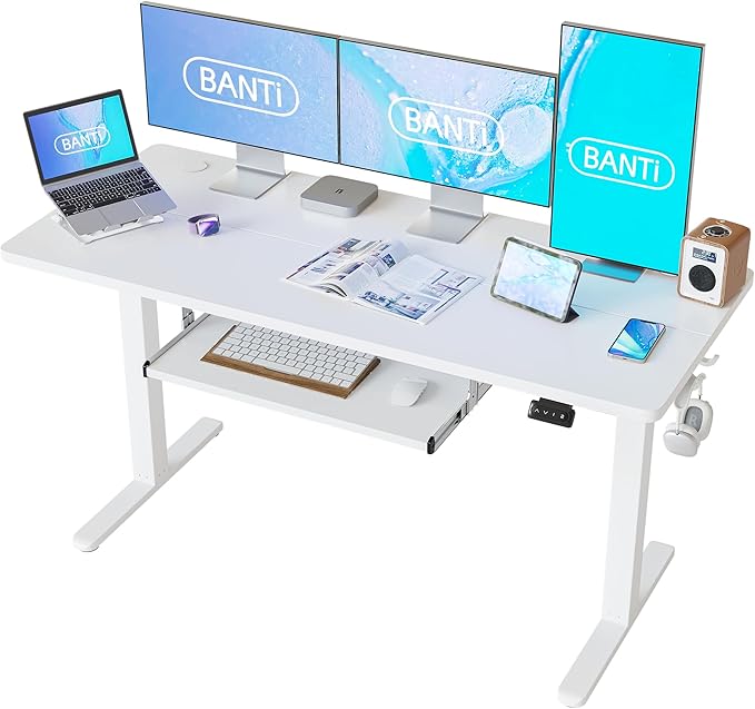 BANTI 63 x 24 Height Adjustable Electric Standing Desk with Keyboard Tray Sit Stand up Desk with Splice Board White Frame/White Top