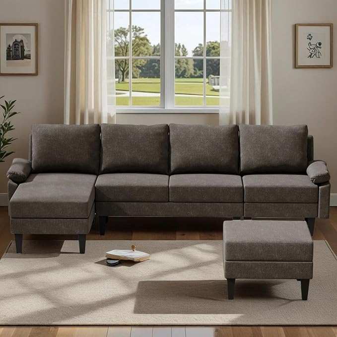 4-Seat U-Shaped Modular Sofa with Double Storage Ottoman - Space-Saving Convertible Lounge Couch for Home &amp Office Brown Grey