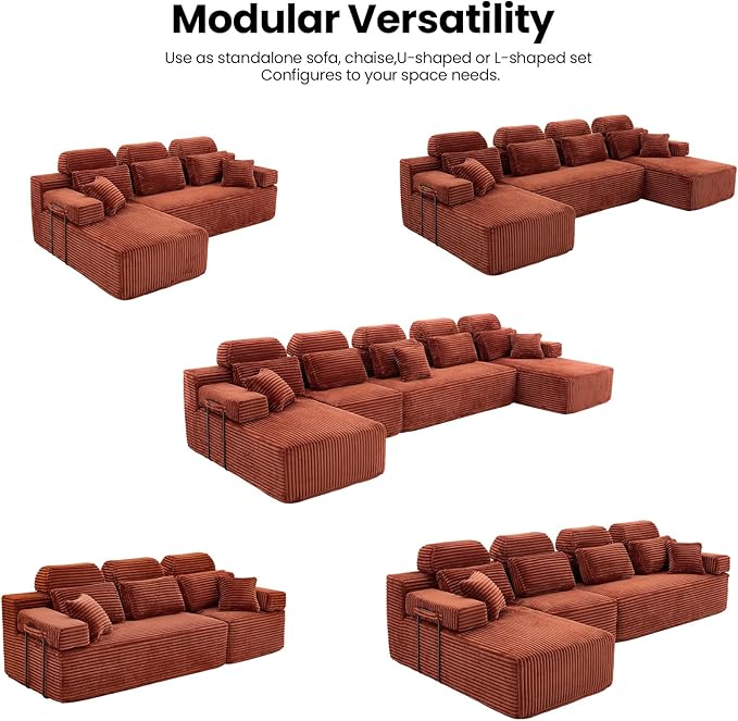 171 Boneless Couch with Reversible Chaise U Shaped Sectional Couches for Living Room Modular Sectional Sofa 28 Deep Seat Corduroy Couch Reversible Chaise Couch in a Box Orange