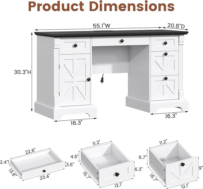 Bigbiglife 55 Office Desk with Drawers Farmhouse Executive Desk with Charging Station Hidden Cabinet File Cabinet Storage Wood Computer Desk with 5 Drawers for Work Study Writing White
