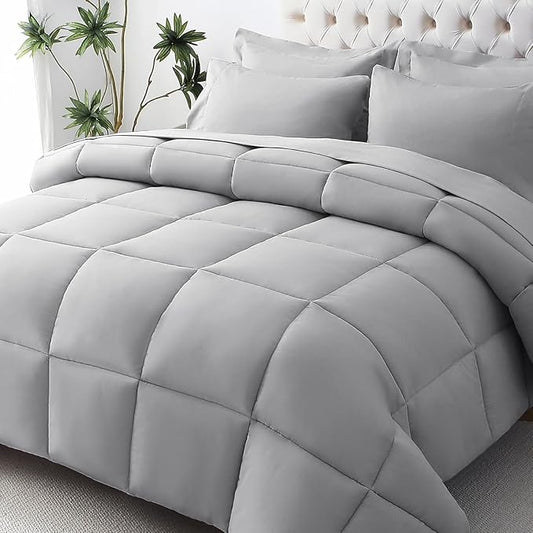 JOLLYVOGUE King Comforter Set Ultra-Soft Bed in a Bag King Size 7 Pieces Oeko-TEX Certified Bedding Set with Down Alternative Comforter Sheets Pillowcases &amp Shams Light Grey