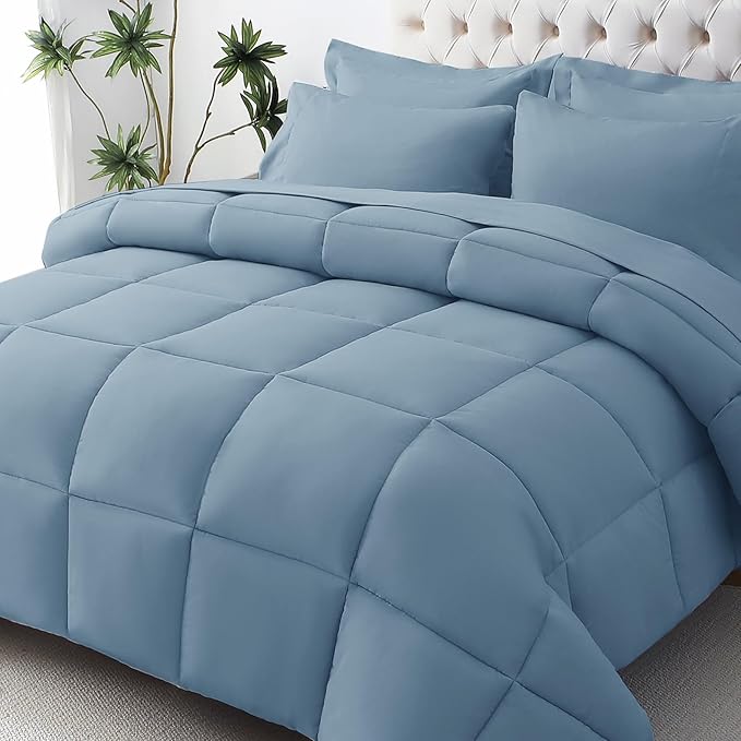 JOLLYVOGUE Twin Comforter Set Ultra-Soft Bed in a Bag Twin Size 5 Pieces Oeko-TEX Certified Bedding Set with Down Alternative Comforter Sheets Pillowcases &amp Shams Dusty Blue