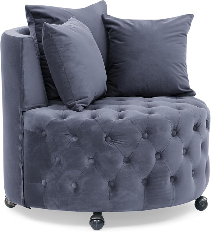 Velvet Upholstered Swivel Chair for Living Room with Button Tufted Design and Movable Wheels Including 3 Pillows Grey