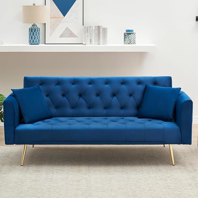 71 Convertible Folding Sleeper Sofa CouchModern Velvet Loveseat Sleeper with 2 Pillows Futon Sofa Bed with Mattress and Frame for Living RoomBedroomSmall Space (Blue)