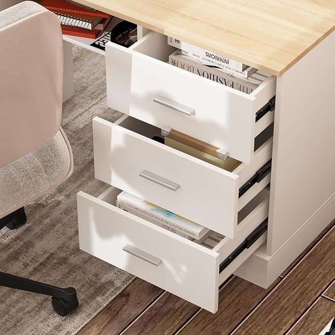 Homsee Home Office L Shaped Electric Standing Desk with Drawers and Shelves Height Adjustable Stand up Desk 63 Computer Executive Corner Table Oak &amp White