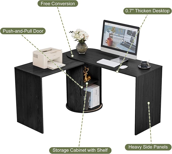 Home Office Desk L Shaped 51-Inch Small Space Modern Office Computer PC Desk with Storage File Cabinet and Reversible Tabletop Corner Work Table for ExecutiveStudyWriting - Black
