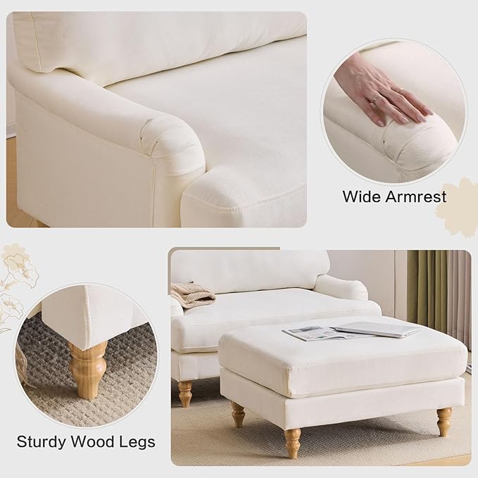 Bezseller Oversized Chair Indoor with Ottoman 46 W Upholstered Armrest Sofa Big Comfy Lounge Sofa Deep Seat Sleeper Chair for Living Room Apartment Bedroom Reading Room(Beige)