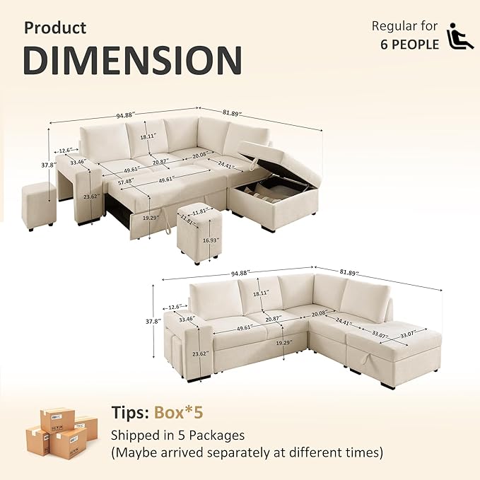 VANOMi 94 Sectional Sleeper Sofa with Pull Out Couch Comfy 6 Seater L Shaped Modular Sofa with Storage Ottoman Modern Convertible Chenille Cloud Couches for Living Room Apartment Beige