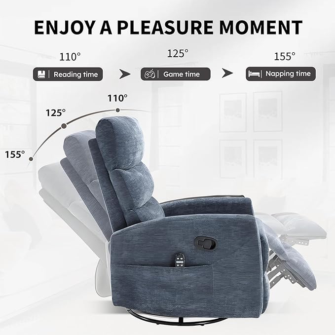 Swivel Recliner with Heat and Massage Rocker Recliner Chair for Living RoomGlider Recliner Nursery Chair with Black Metal Base/Adjustable Backrest and Footrest (Fabric Blue)
