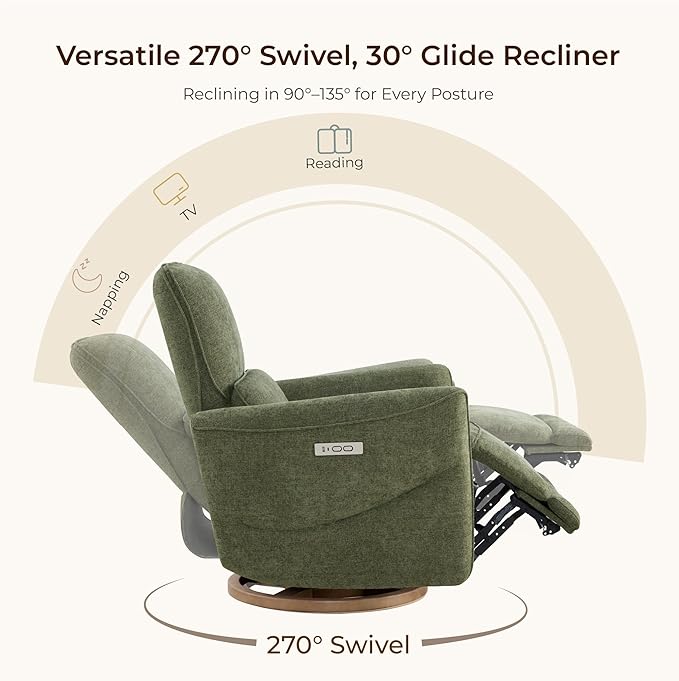 CHITA Power Nursery Rocking Chair Swivel Glider Recliner Chair with Solid Wood Base Bulit-in USB &amp Type-C Charging Ports for Living Room FSC Certified Moss Green