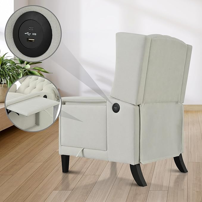 Mid Century Wingback Recliner Fabric Push Back Recliner Chair Single Rolled Armchair Sofa with Rivet Decoration Accent Chairs with Stable Hump Feet for Living Room (Beige①)