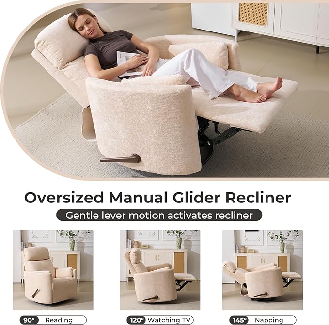 Oversized Swivel Rocker Recliner Chair with Massage and Heat Manual Swivel Glider Rocker Recliner with 2 Bolster Pillows Rocking Nursery Chair with Storage Ottoman  Adjustable Headrest Beige