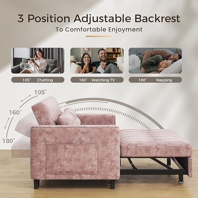 KKL 3 in 1 Convertible Sleeper Sofa Bed Pull Out Couch Bed with Adjustable Backrest Chenille Loveseat Couches with Side Pocket for Living Room Bedroom (Pink)