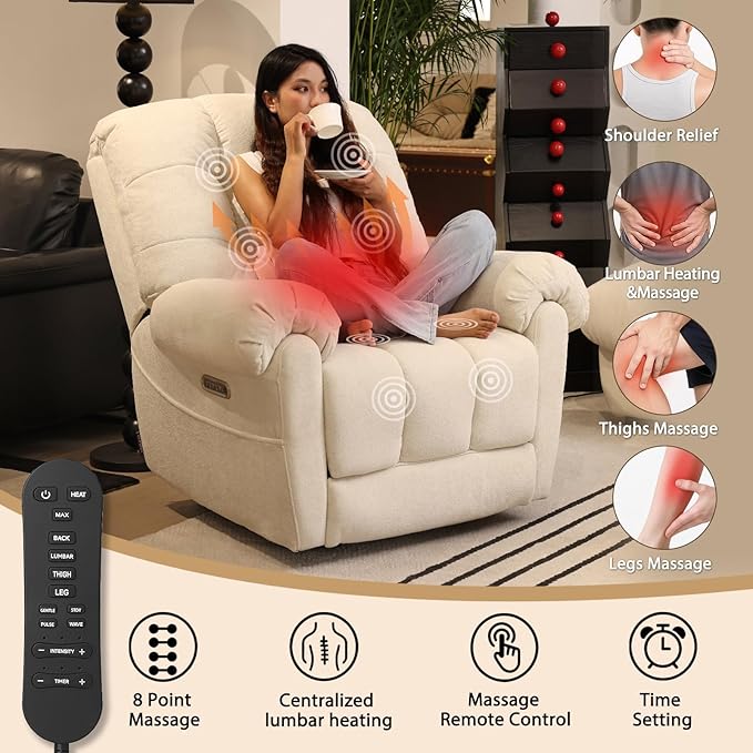EONIX Mordern Massage Rocker Recliner Chair Dual Motor Power Rocking Recliners for Small Spaces Lazy Boy Recliner Chair with Heat and Massage for Living Room Bedroom Study Pearl White
