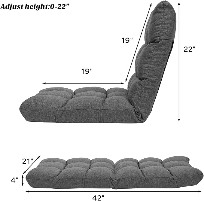 Giantex Adjustable Floor Gaming Sofa Chair 14-Position Cushioned Folding Lazy Recliner High Resilience Sponge Breathable Cotton &amp Linen Fabric Sleeper Bed Couch Recliner with Removable Cover (Gra