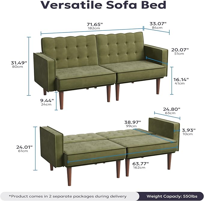 71 Velvet Futon Sofa Bed Versatile Loveseat Couch Sleeper Sofa with Adjustable Backrest Mid Century Modern Futon Couch for Small Space Living Room Office &amp Apartment Velvet Fabric Green