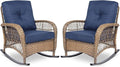 VIVIJASON 2 Piece Patio Wicker Rattan Rocker Chair Outdoor Rattan Rocker Chair with Cushions &amp Steel Frame All-Weather Rocking Lawn Wicker Furniture for Garden Backyard Porch (Navy Blue)