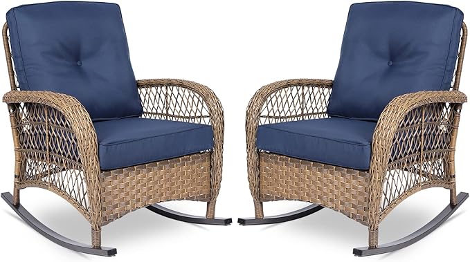 VIVIJASON 2 Piece Patio Wicker Rattan Rocker Chair Outdoor Rattan Rocker Chair with Cushions &amp Steel Frame All-Weather Rocking Lawn Wicker Furniture for Garden Backyard Porch (Navy Blue)