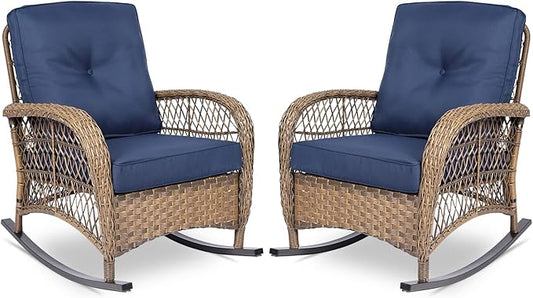 VIVIJASON 2 Piece Patio Wicker Rattan Rocker Chair Outdoor Rattan Rocker Chair with Cushions &amp Steel Frame All-Weather Rocking Lawn Wicker Furniture for Garden Backyard Porch (Navy Blue)