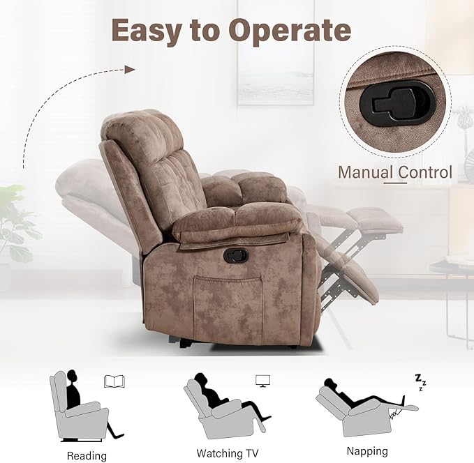 EBELLO Loveseat Recliner Sofa for Living Room Extra Wide Modern Overstuffed 2 Seat Reclining Manual Sofa Chair with Hidden Armrest Cup Holders Breathable Fabric Brown