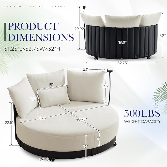 SLEERWAY Oversized Round Swivel Accent Chair Large Circle Barrel Chair and A Half Comfy Upholstered Lazy Sofa Couch with Phone Stand/Wheels Chaise Lounge Daybed for Living Room Bedroom Beige