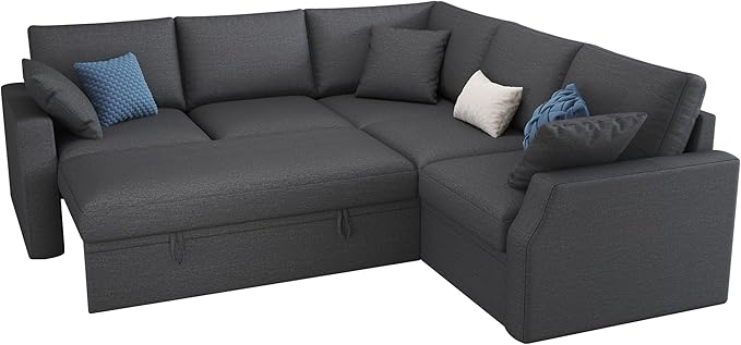 VanAcc Sofa Bed 85 Inch Sleeper Couch with Storage Seat L Shaped Sofa with Pull Out Sofa Bed Sectional Couches for Living Room Apartment Grey Linen Couch Sofa