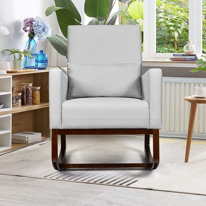 Giantex Upholstered Rocking Chair Modern High Back Armchair Comfortable Rocker with Fabric Padded Seat Waist Pillow and Wood Base Accent Chair for Nursery Living Room Bedroom Office Sliver