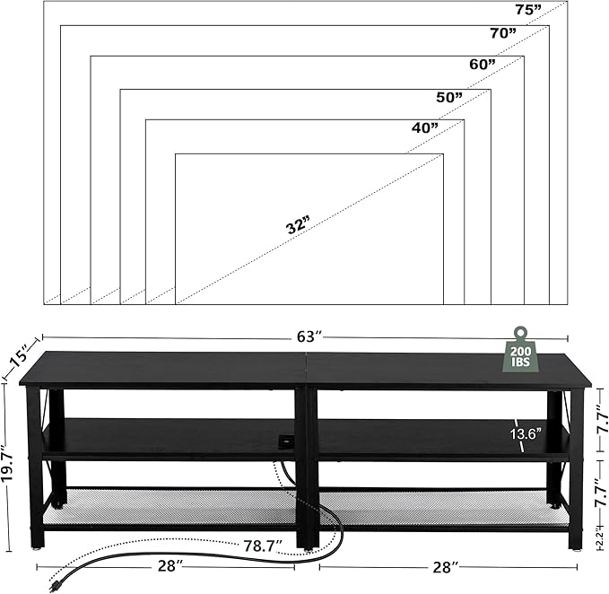 Clikuutory Modern Black 63 inch Metal TV Stand with LED Lights and Power Outlets for 40 50 55 60 65 70 Inch TVs 3 Tier Television Stands with Entertainment Center and Storage for Living Room Bedroom