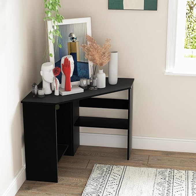 LDAILY Corner Desk with Storage Shelves &amp Cable Holes - Space-Saving Computer Table for Small Spaces Home Office Living Room Bedroom (Black)