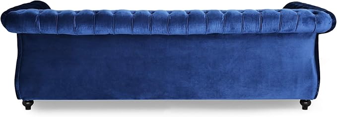 Great Deal Furniture GDFStudio Chesterfield Tufted Jewel Toned Velvet Sofa with Scroll Arms Navy Blue