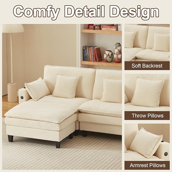 152 L Shaped Sectional Couch Chenille Sectional Couches for Living Room Modular Cloud Couch with Movable Ottoman Modern Cloud Sofa with Charging Station Cup Holder Side Pocket Beige